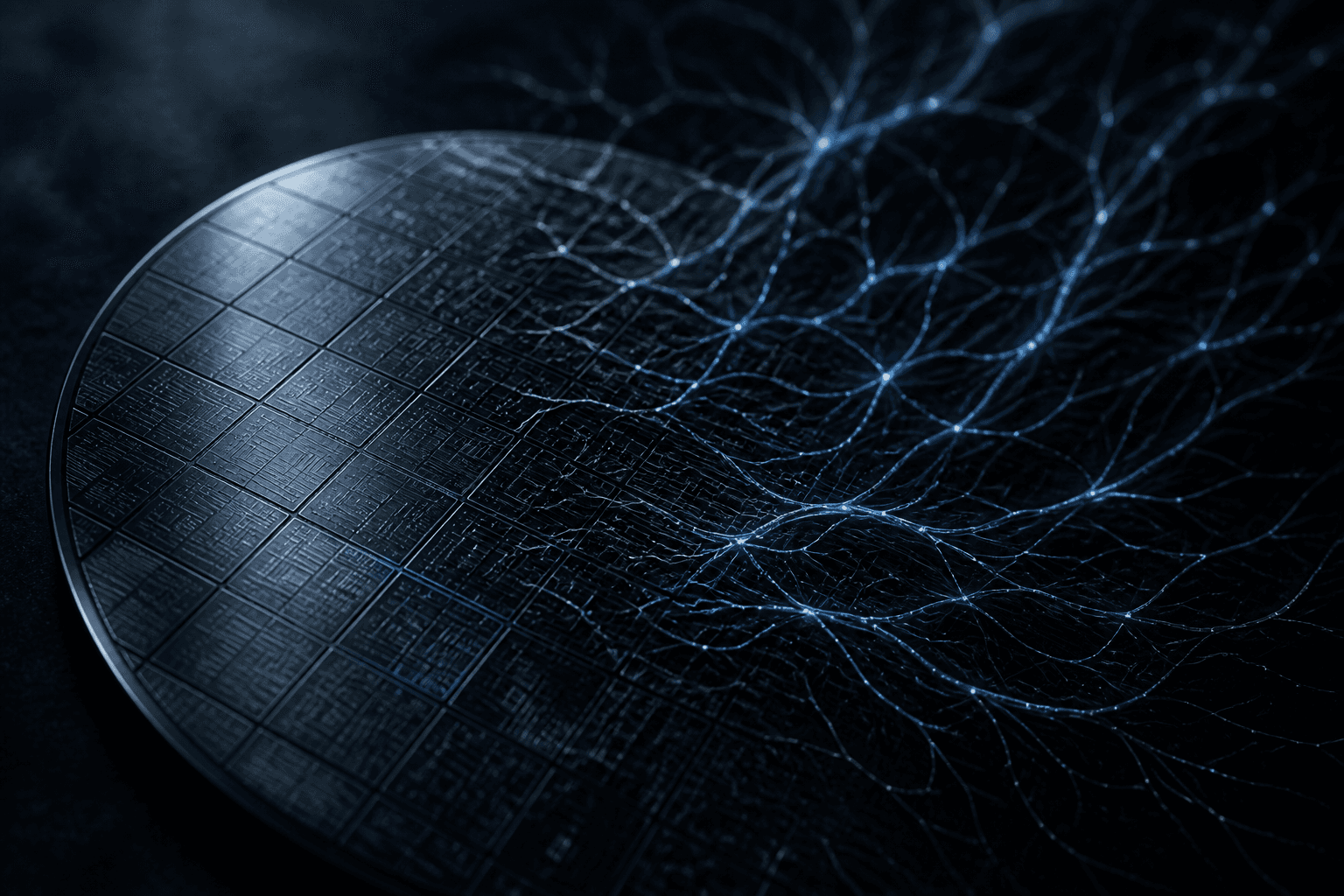 A custom silicon wafer catching cold steel light as circuit geometry dissolves into neural paths