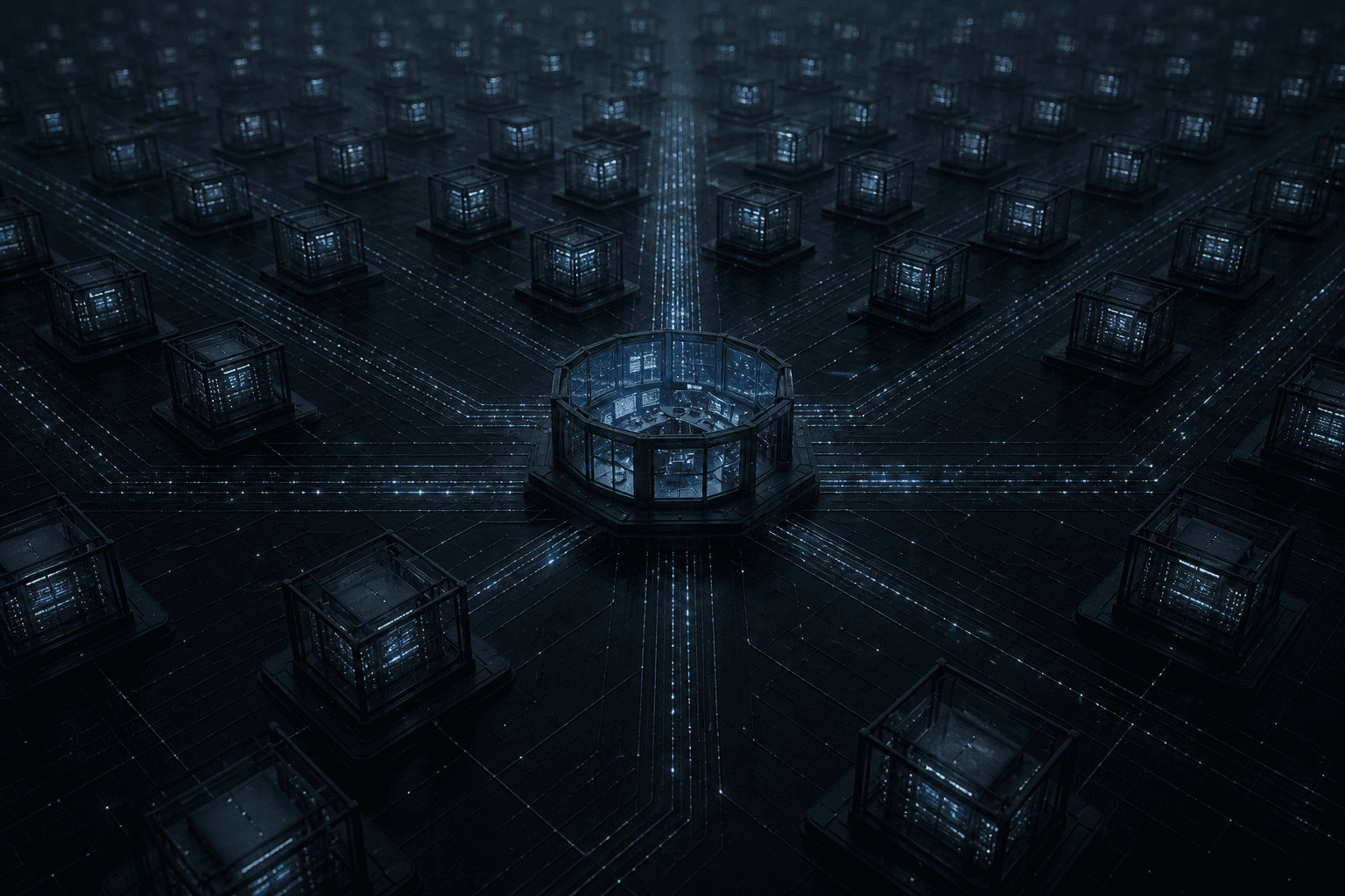 A graphite grid of isolated agent sandboxes converging on a central reusable environment hub