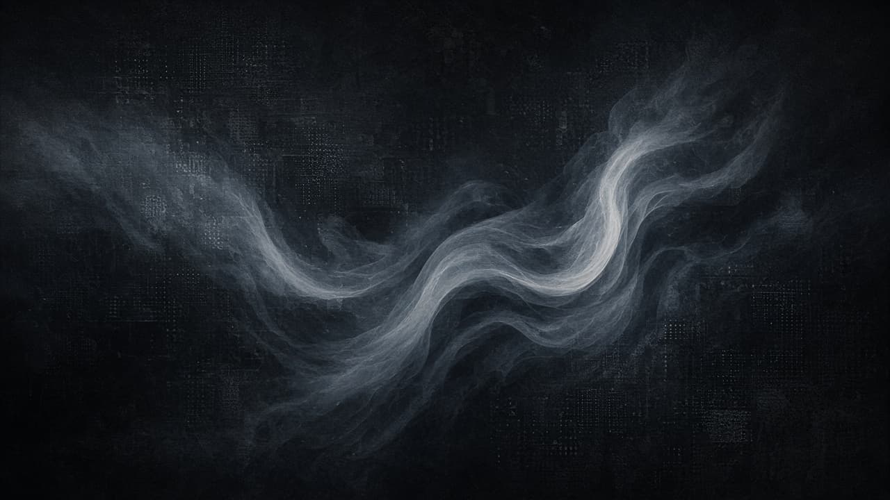 Faint cold grain patterning through soft white text-ribbons dissolving into a graphite mist