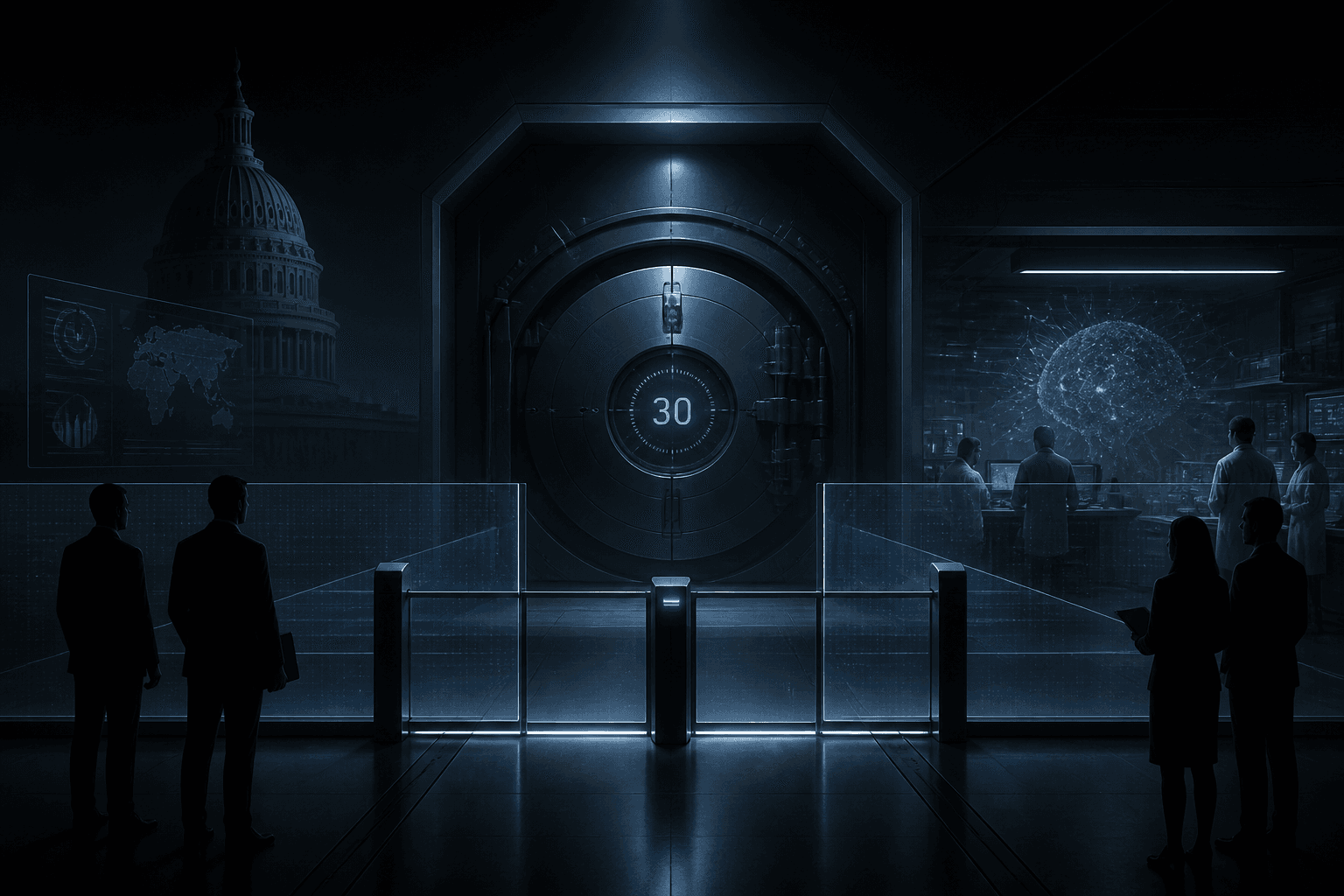 A sealed frontier model vault with a transparent 30-day pre-release checkpoint gate