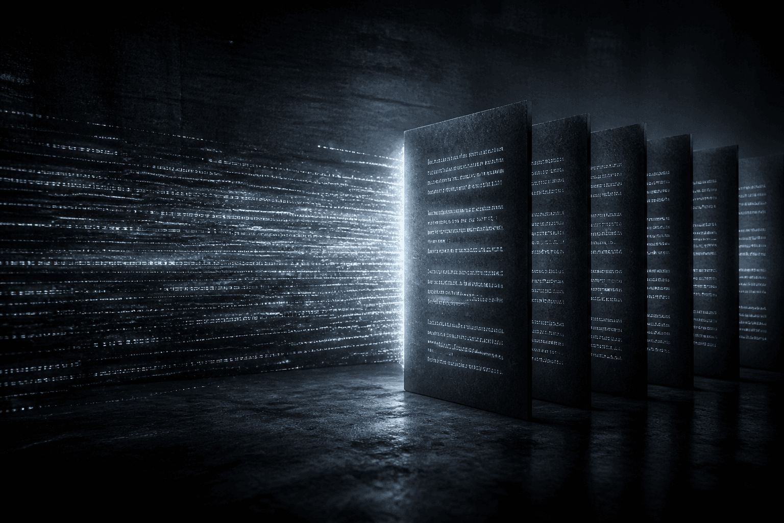 Cinematic still suggesting fluent machine-written language spreading outward