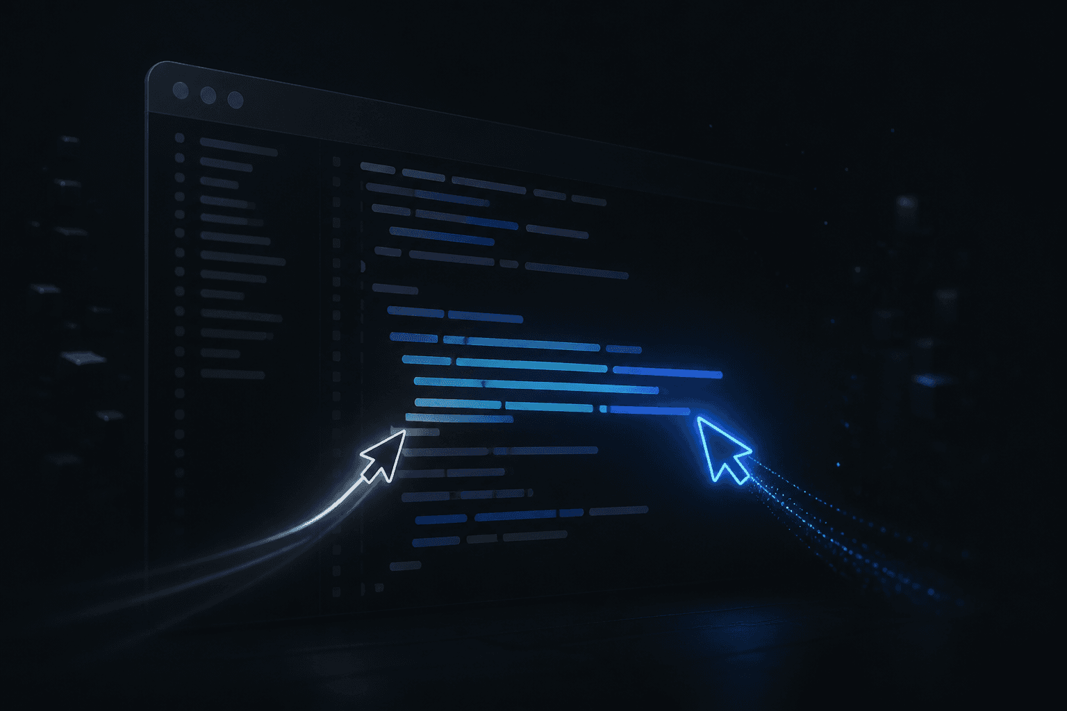 Two luminous cursors collaborating inside a dark code editor