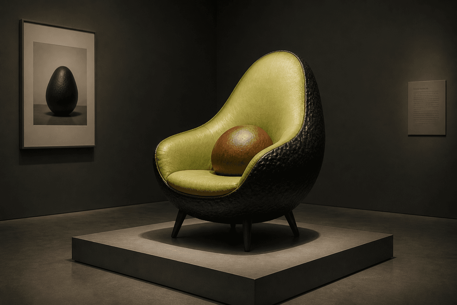 Surreal gallery still of an avocado armchair suggesting early text-to-image culture