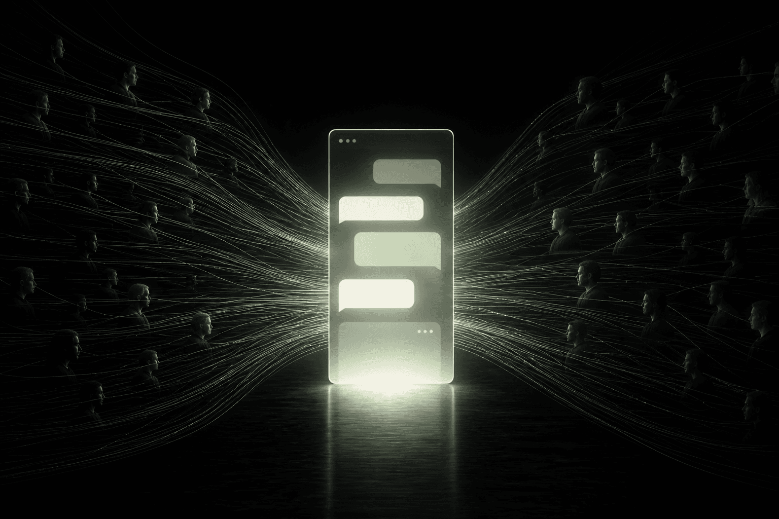 A glowing conversational interface connected to a field of people