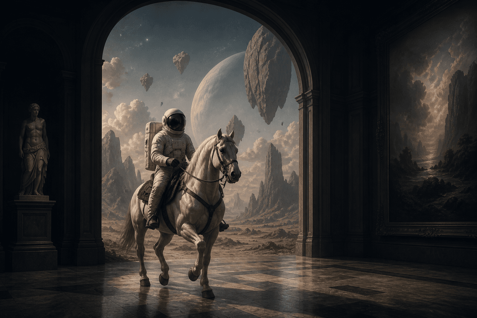 An astronaut riding a horse through a surreal museum landscape