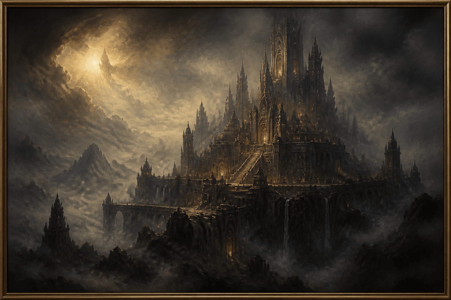 A monumental fantasy citadel emerging from painterly mist