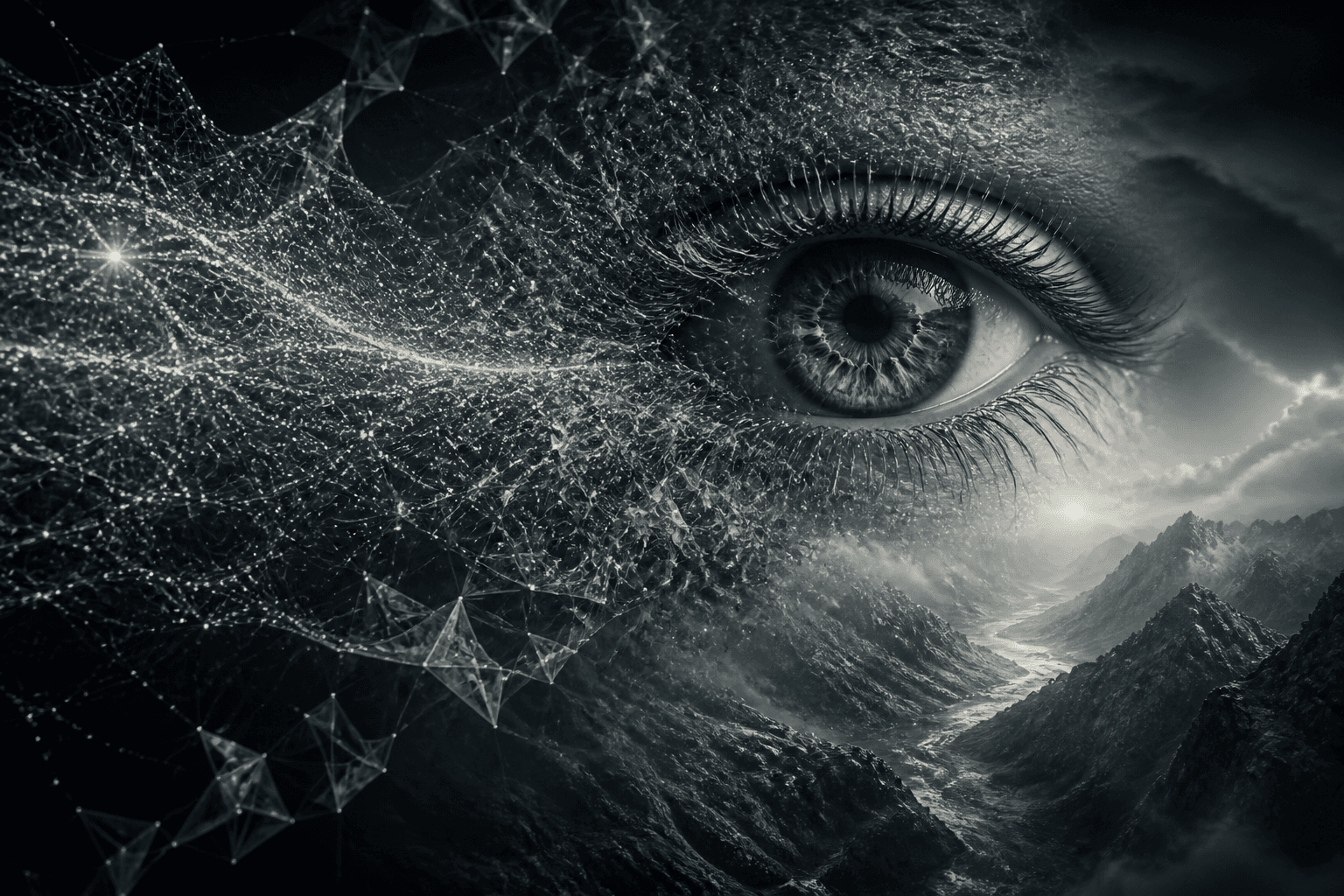 A human eye and landscape resolving from a field of luminous noise
