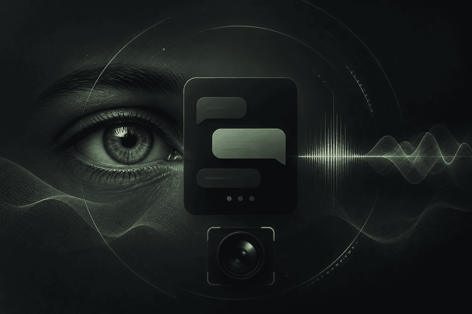 A conversational interface joined by an eye, camera, and voice waveform