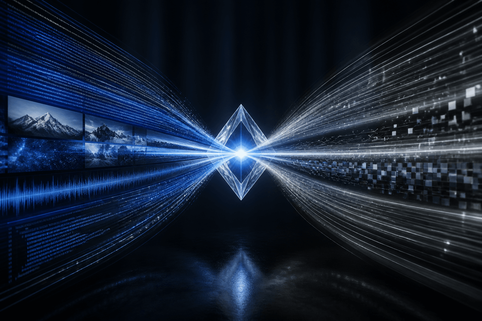 Streams of text, image, audio, and code converging into a crystalline core