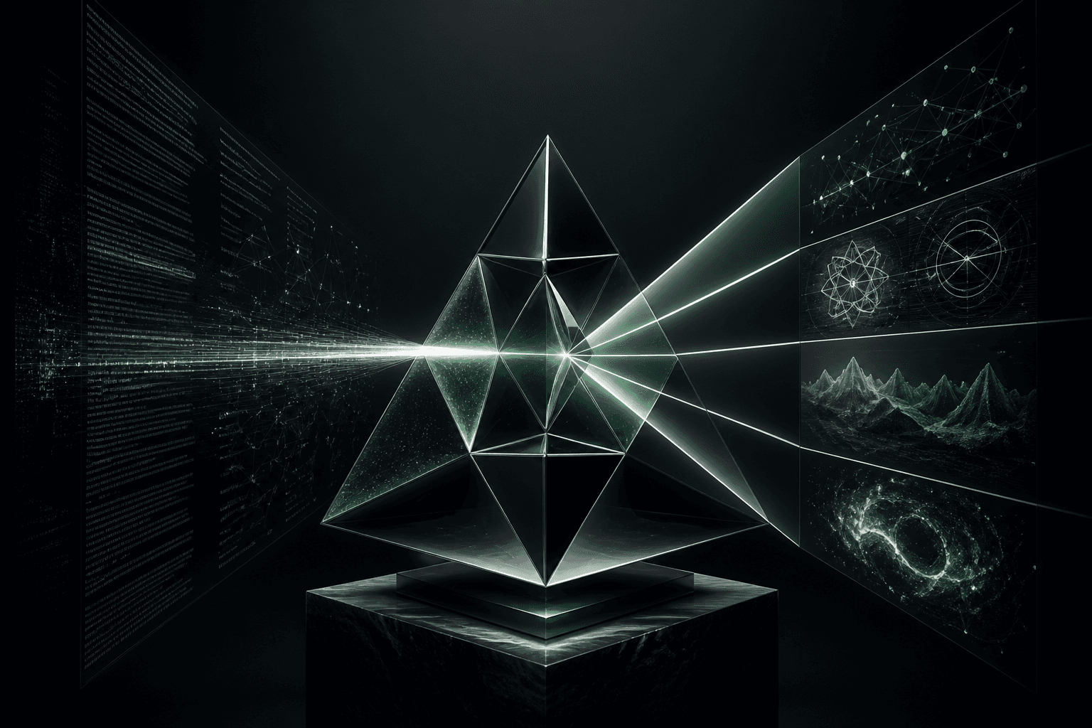 A crystalline multimodal intelligence prism joining text, images, and diagrams
