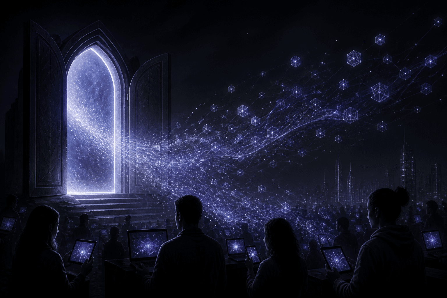 An open luminous gateway releasing model weights to a crowd of builders