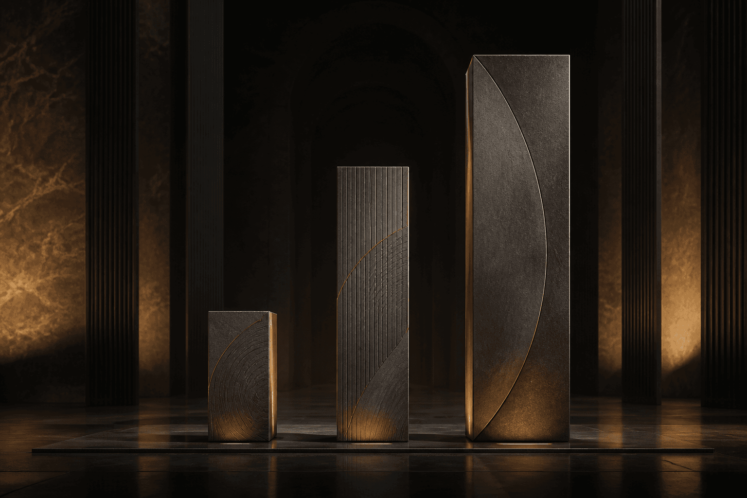 Three refined intelligence monoliths standing in a dark archive