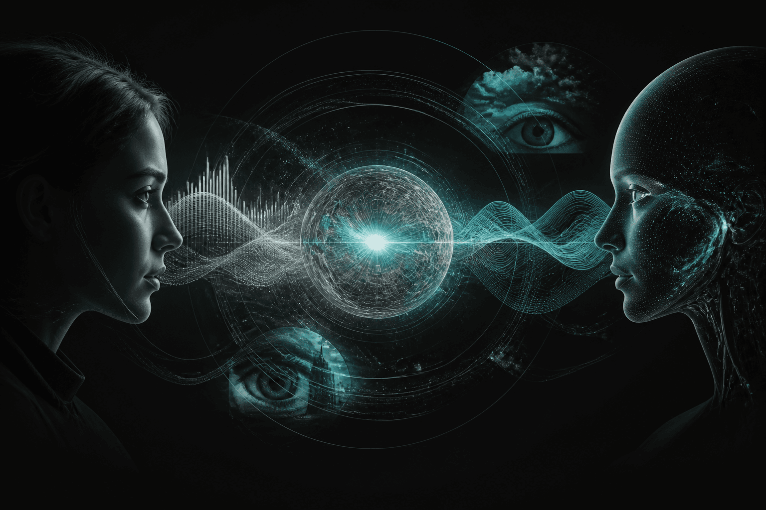 A human and synthetic figure joined by realtime voice and vision waves