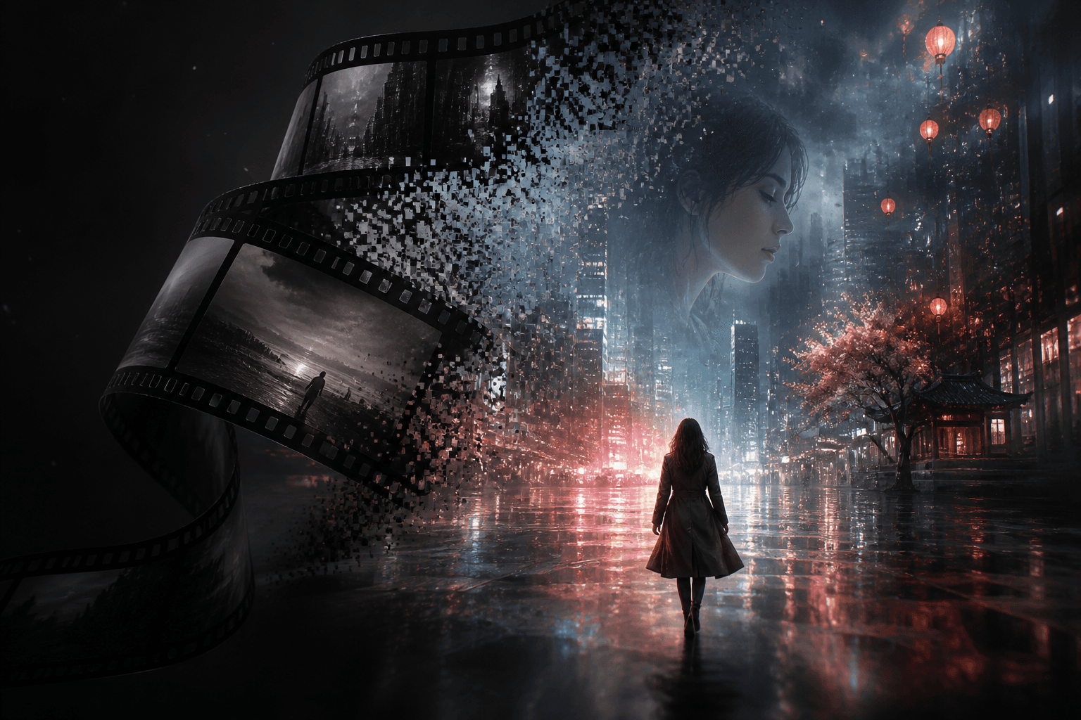 A film strip dissolving into a generated nocturnal city