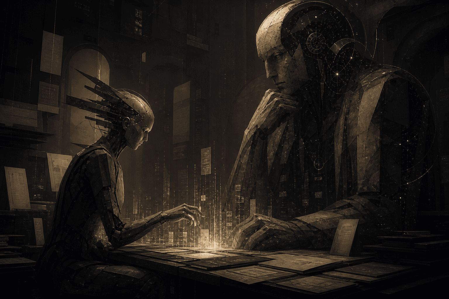 Two advanced intelligence figures sustaining work across a deep archive