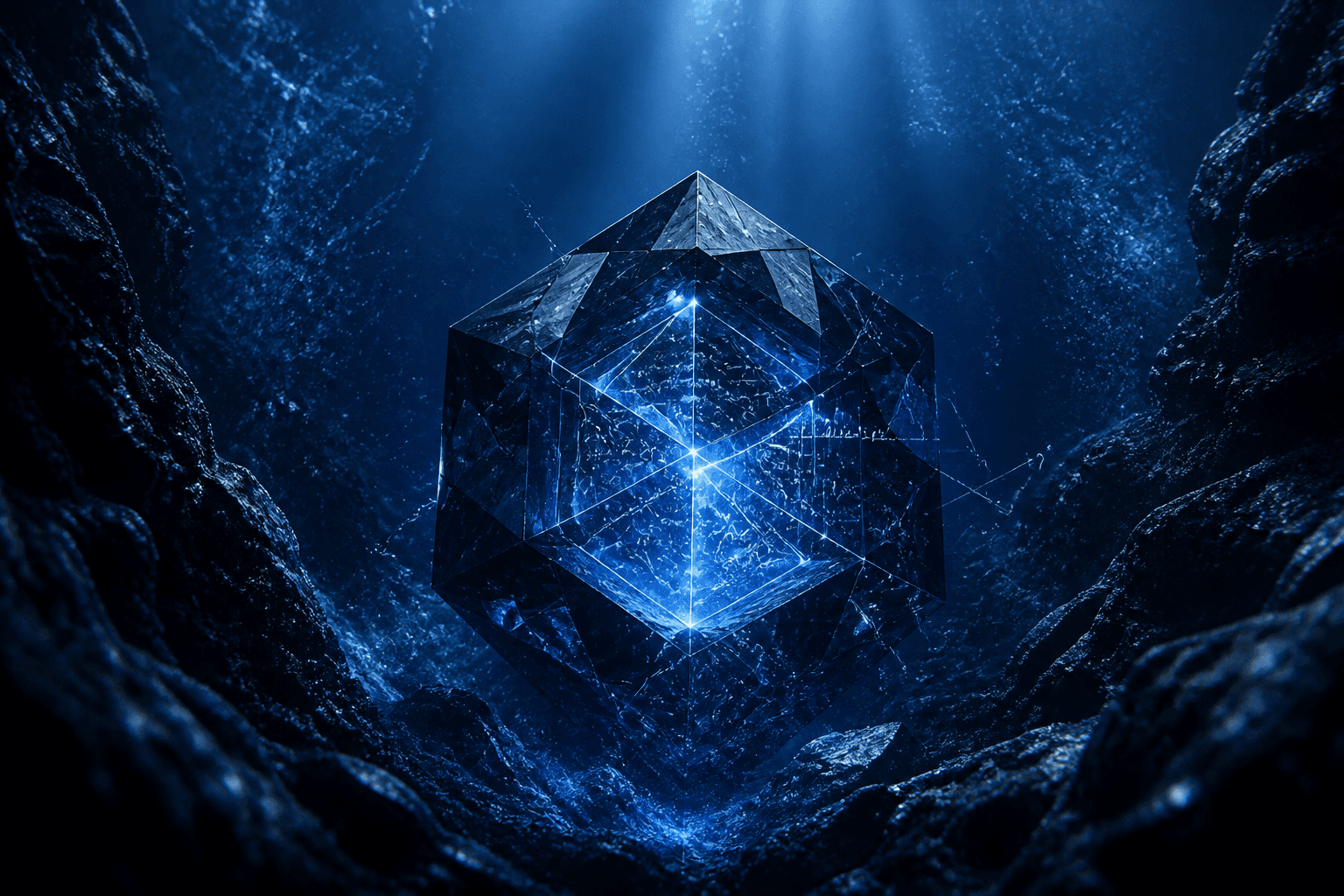 A compact crystalline reasoning engine glowing in a deep blue trench