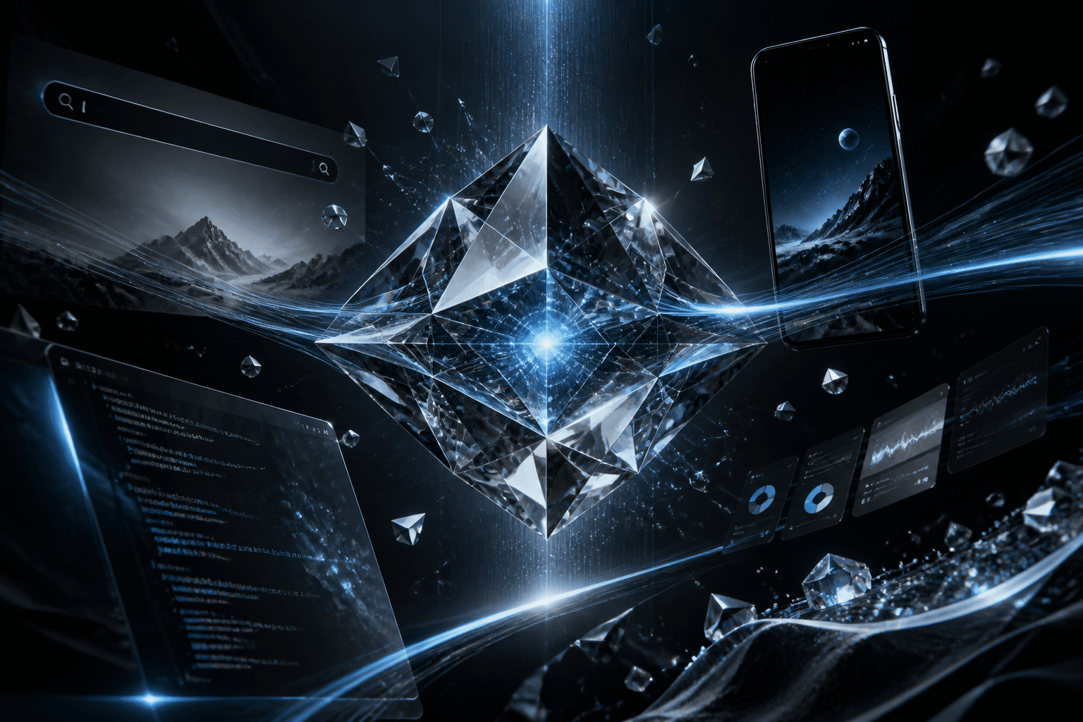 A crystalline intelligence embedded across search, code, mobile, and dynamic interfaces