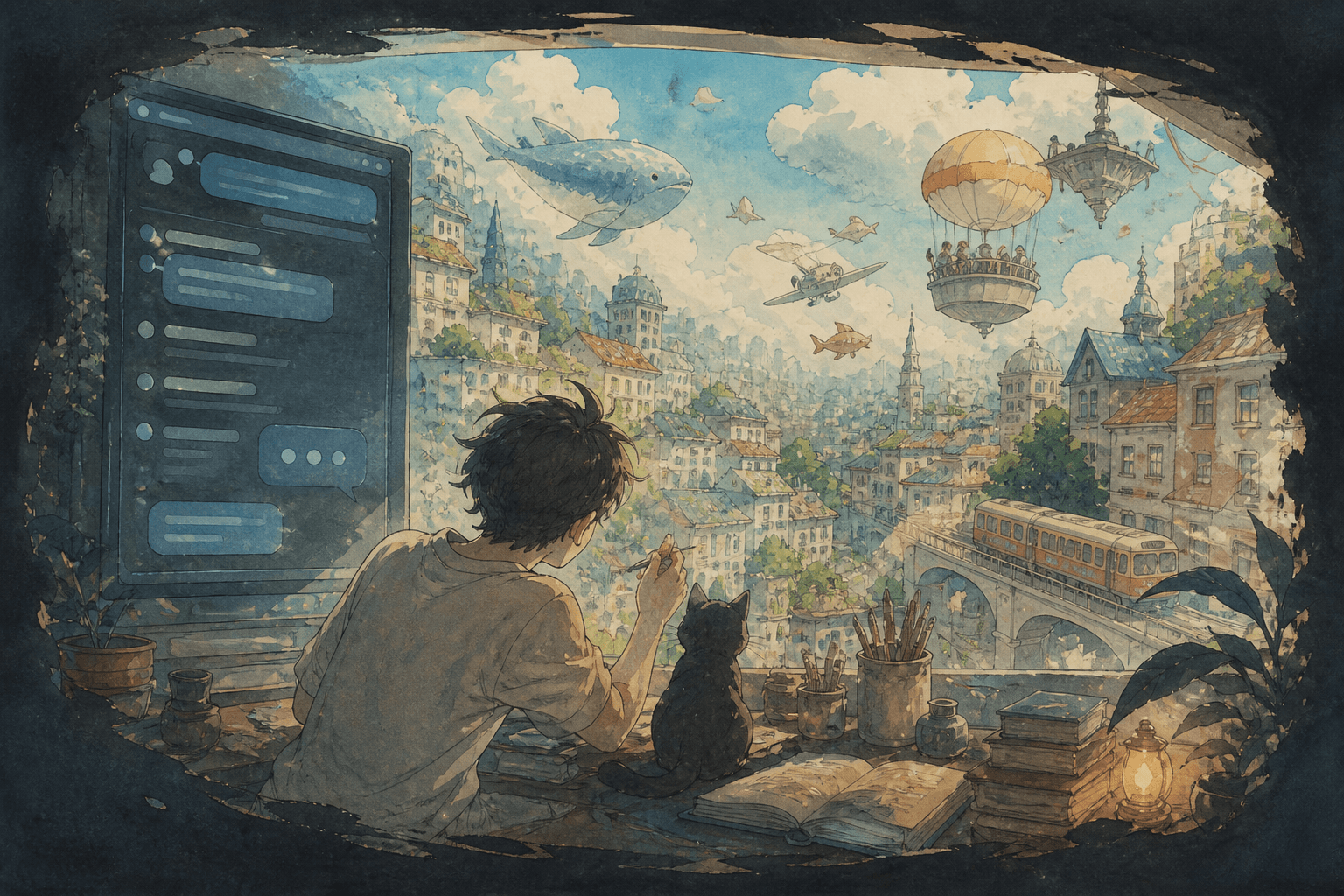 A conversational interface painting an original hand-drawn flying city