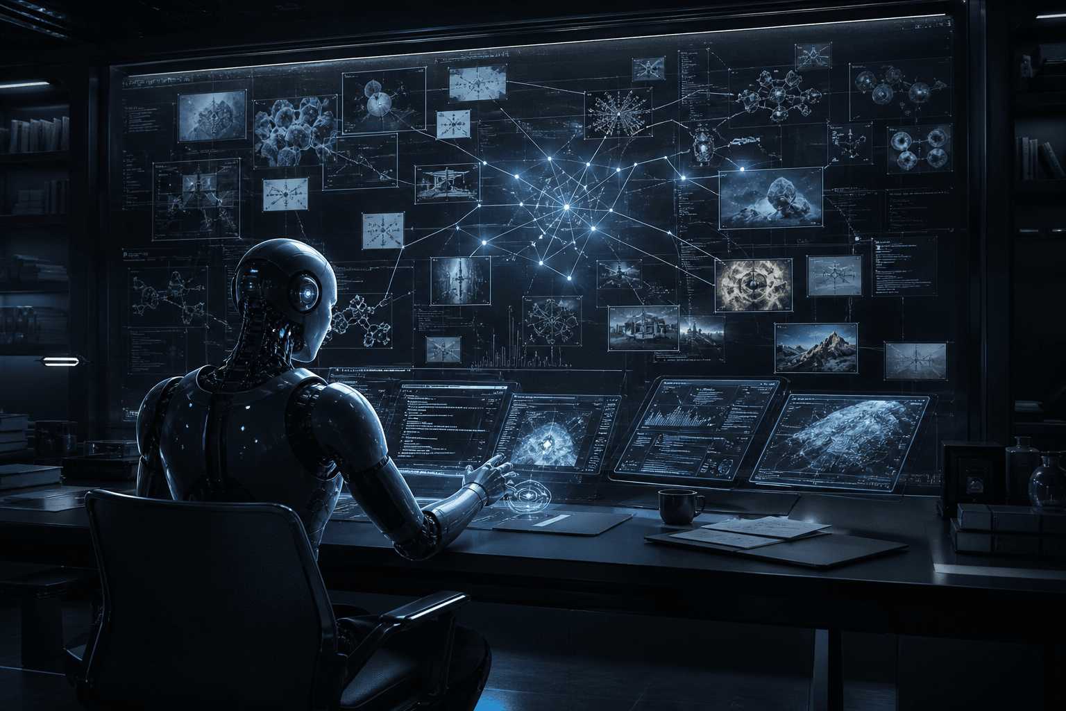 A reasoning agent coordinating tools across a complex research board