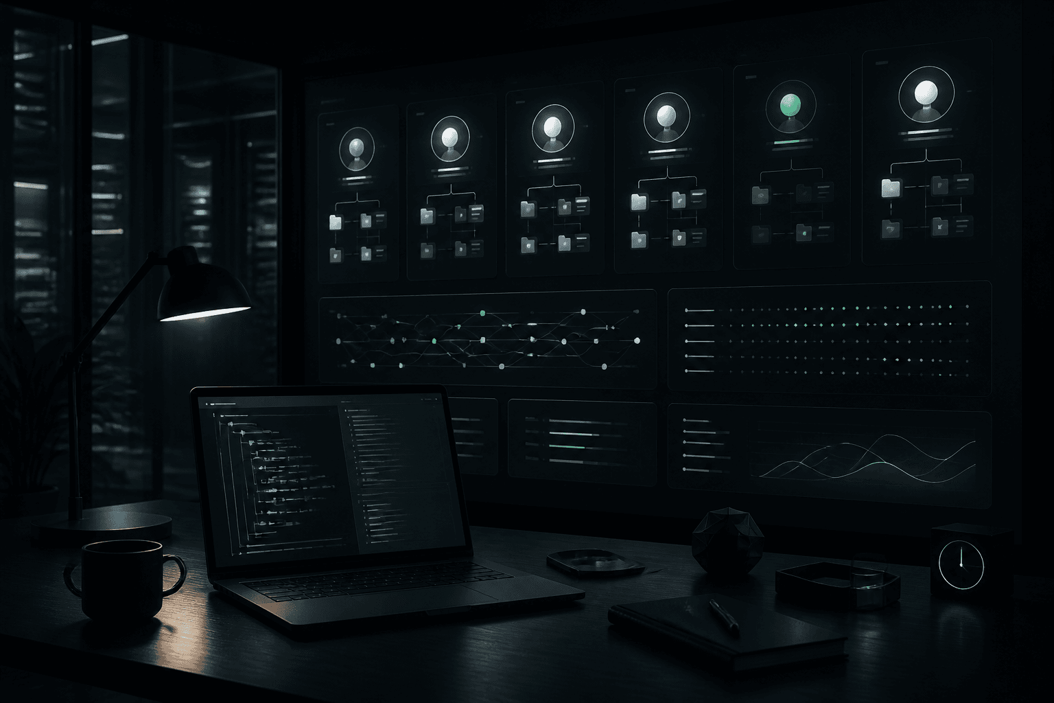 A graphite command center coordinating parallel software agents and isolated worktrees