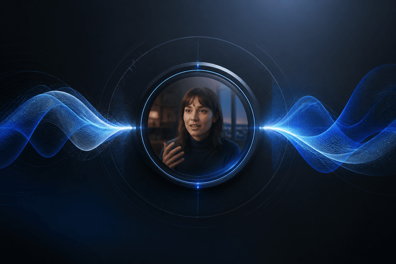 Natural real-time voice waves flowing around a live camera conversation