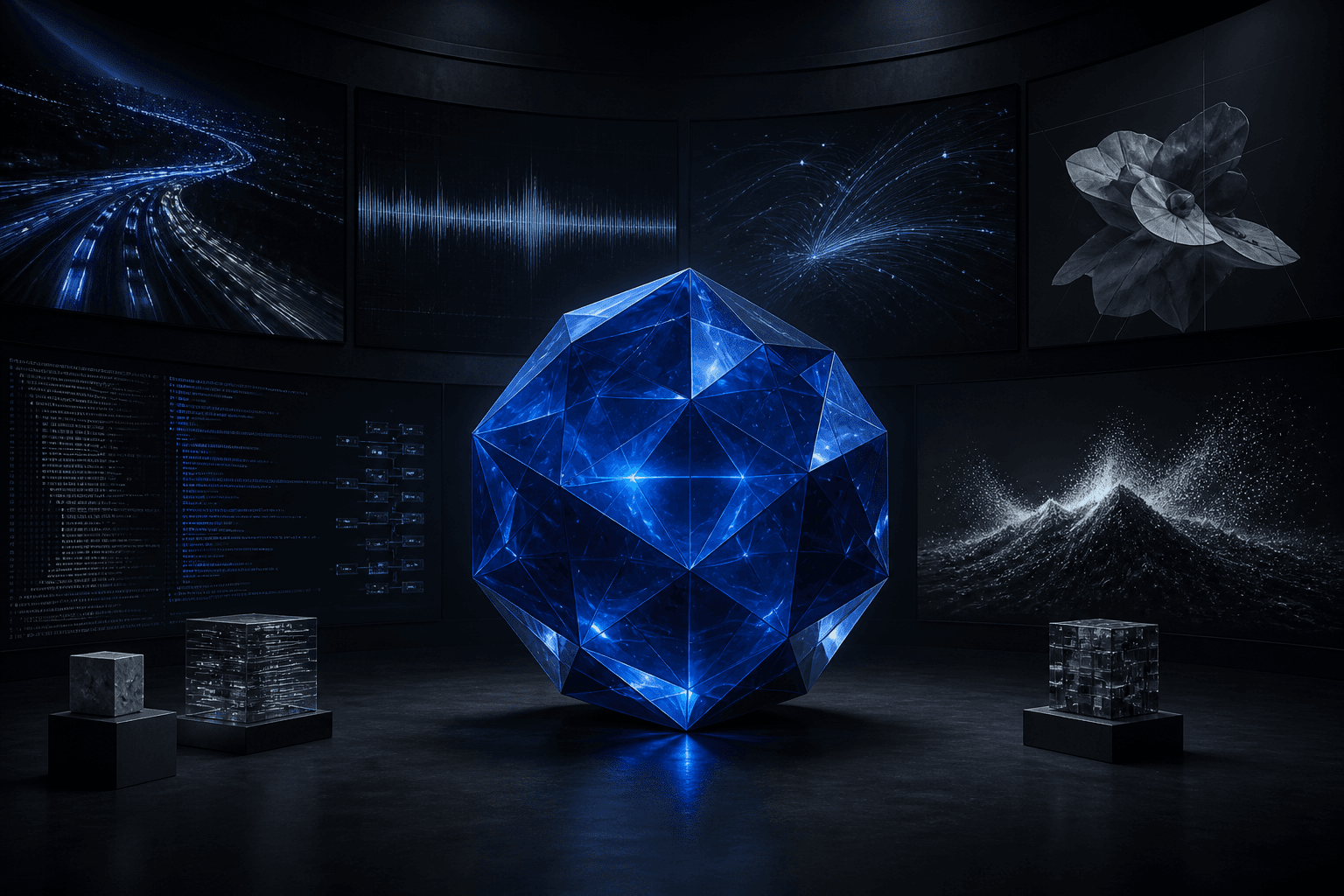 A faceted multimodal reasoning core surrounded by audio, video, code, images, and data