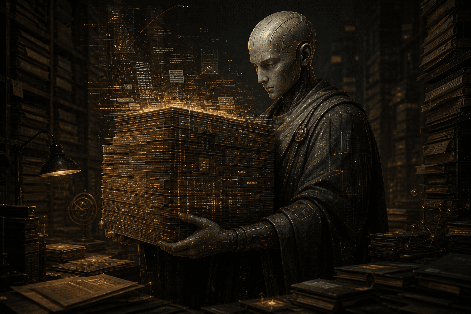 A meticulous AI planner carrying a vast archive through a sustained task