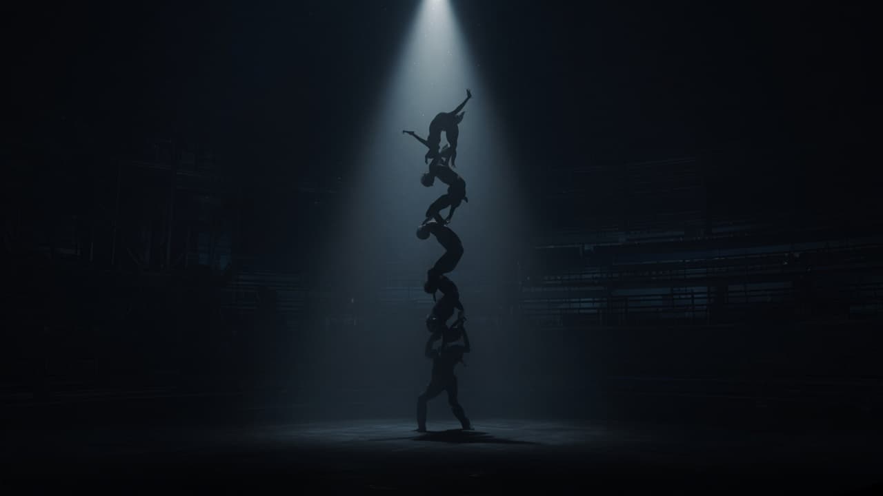 Morph1k editorial stand-in of stacked acrobat silhouettes under an arena spotlight