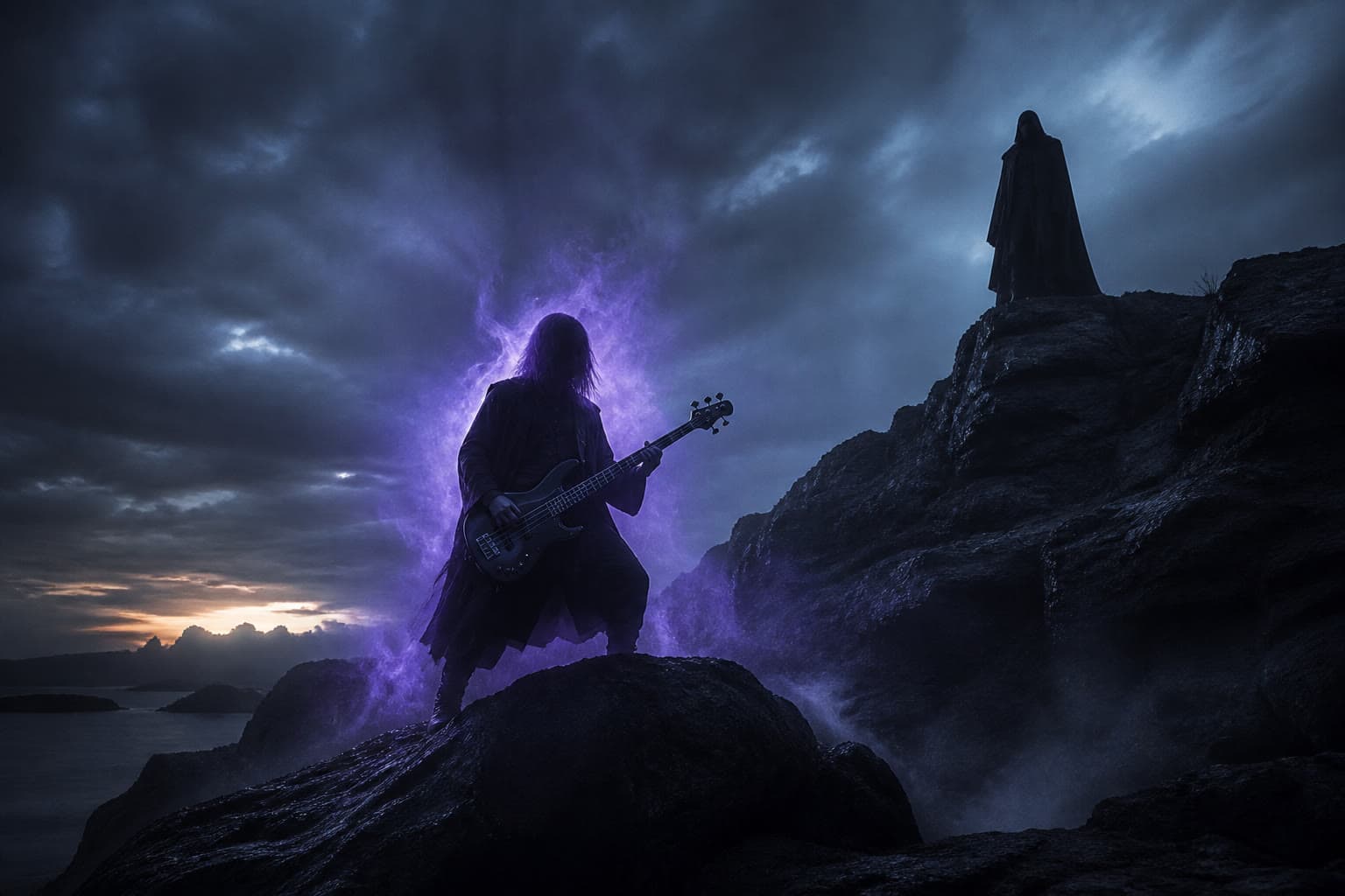 Morph1k editorial stand-in of a purple-aura bassist silhouette on a high-ground ridge