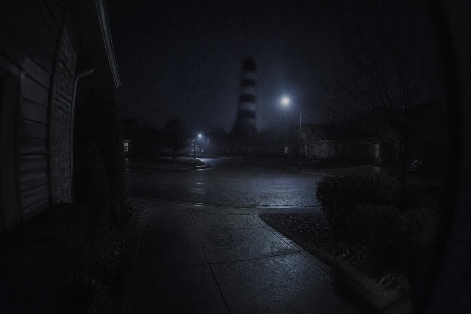 Morph1k editorial stand-in of a foggy cul-de-sac at night with a distant striped silhouette