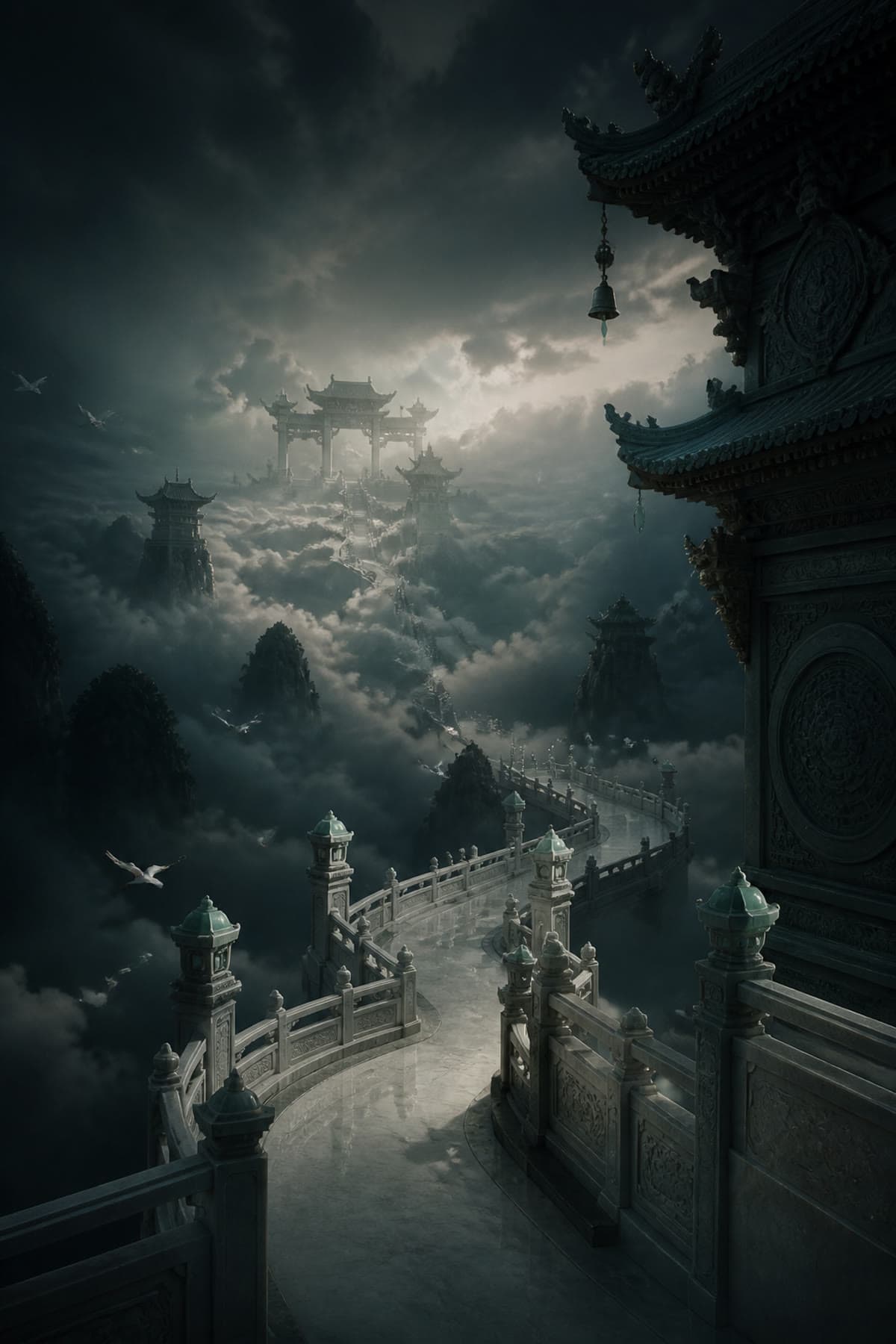 Morph1k editorial stand-in of a Chinese celestial palace above a sea of clouds