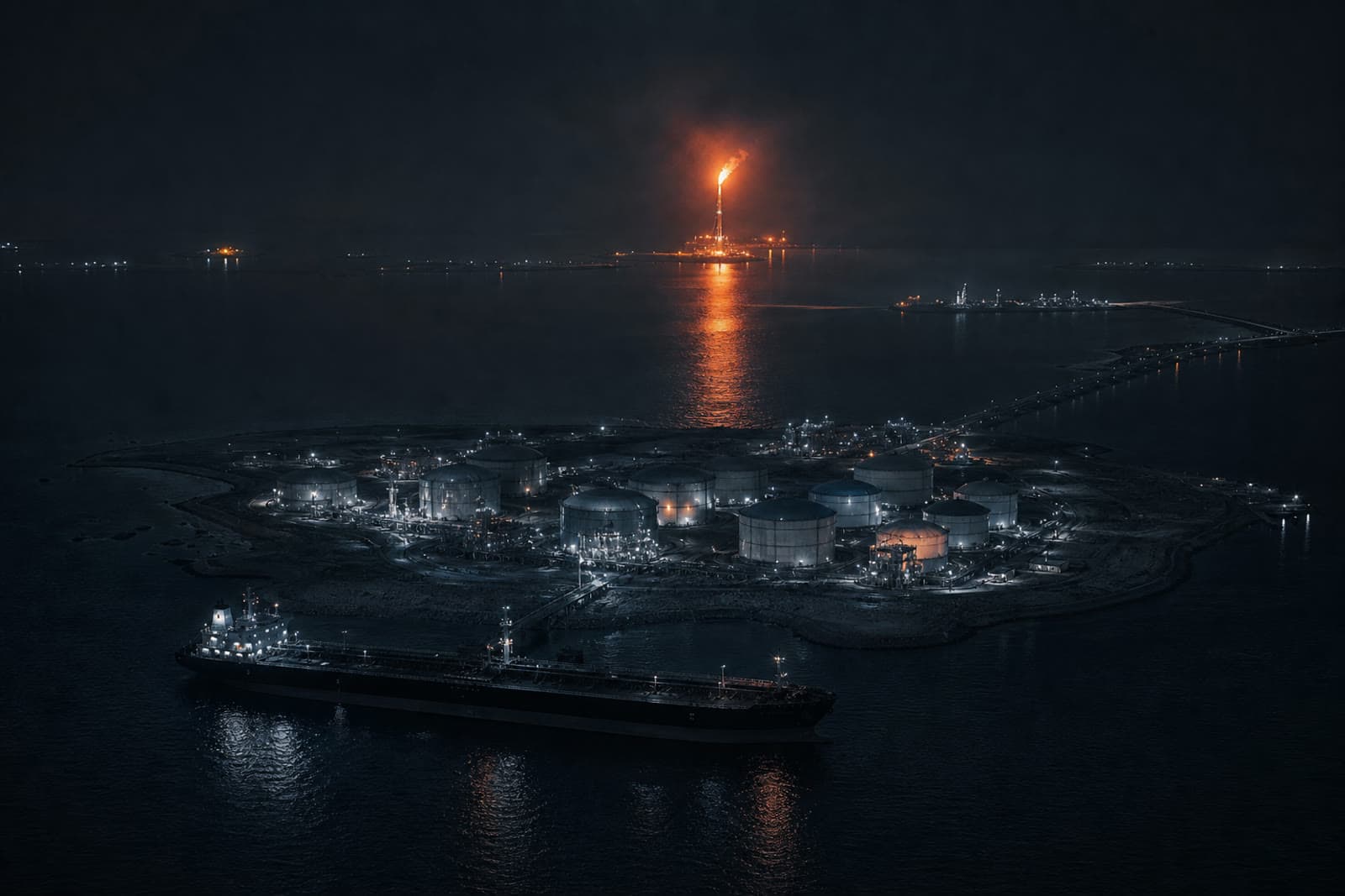 Morph1k editorial stand-in of a night Persian Gulf oil island with cold flare light
