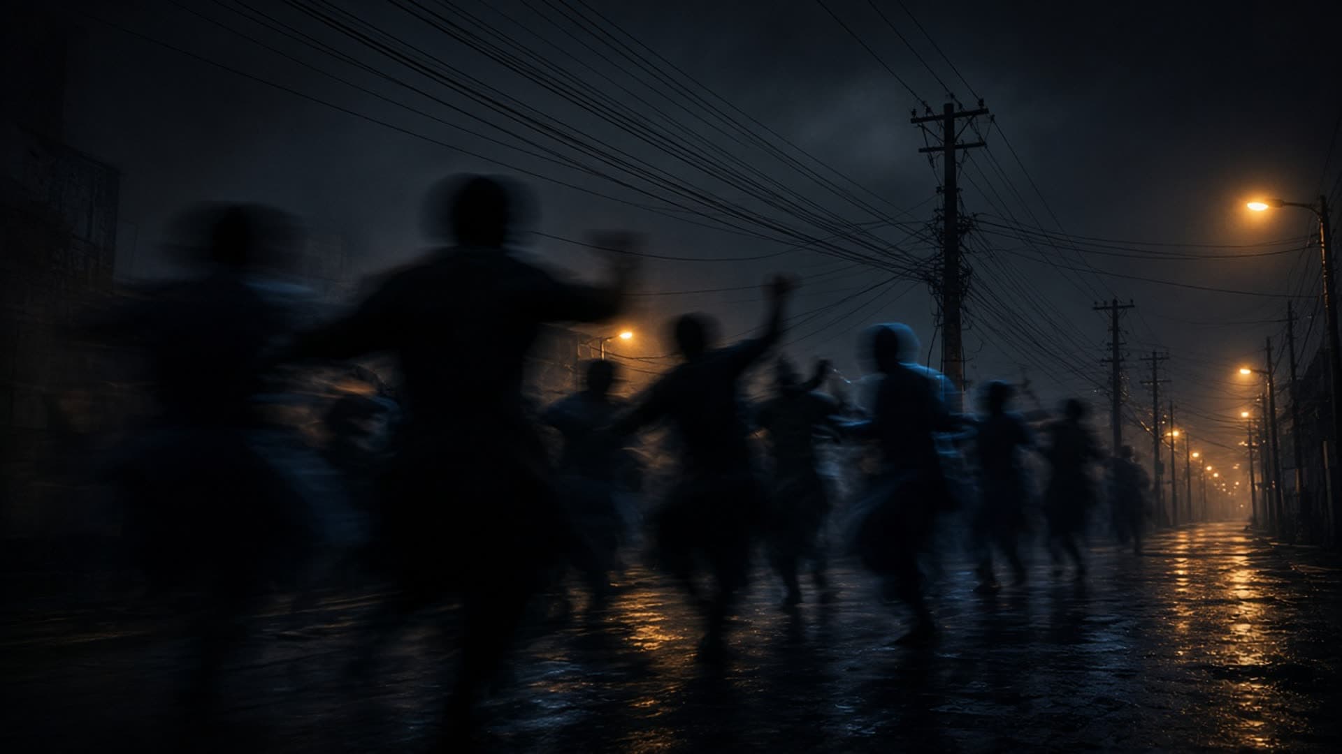 Morph1k editorial stand-in of sodium-lit night streets and anonymous dancing silhouettes