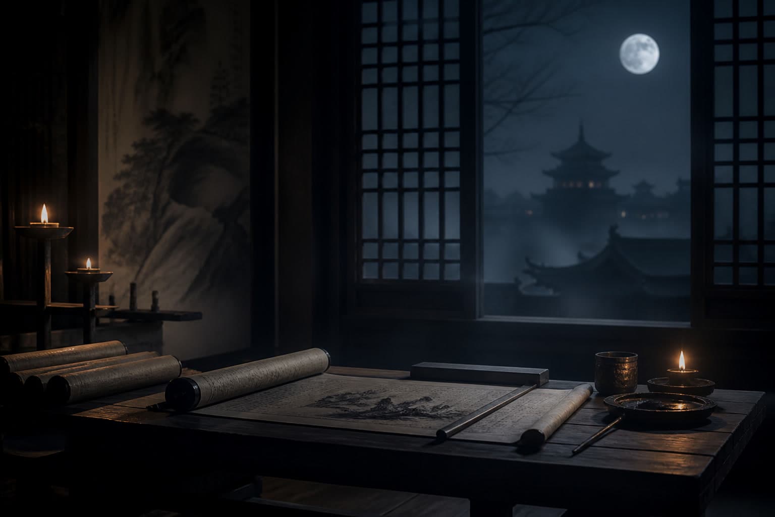 Morph1k editorial stand-in of a candlelit Han scholar desk with moonlit temple beyond lattice