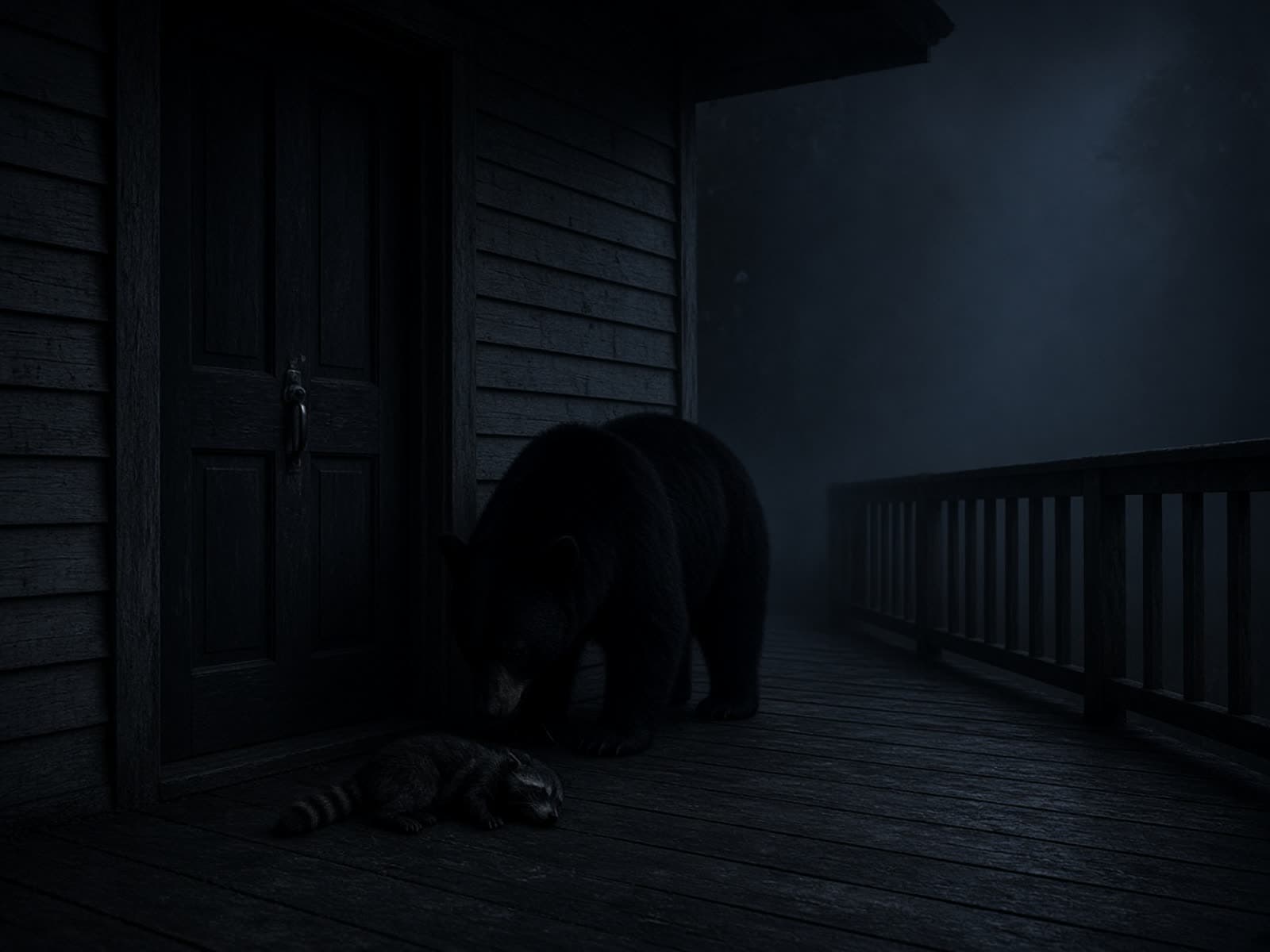 Morph1k editorial stand-in of a night wildlife-center porch with a shadowy bear silhouette in mist