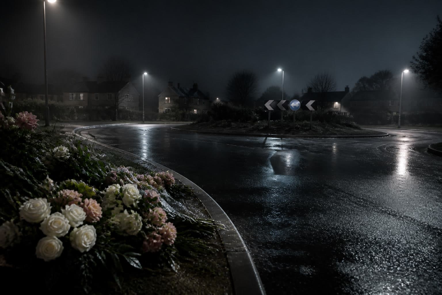 Morph1k editorial stand-in of a wet Scottish roundabout at night with roadside floral tributes