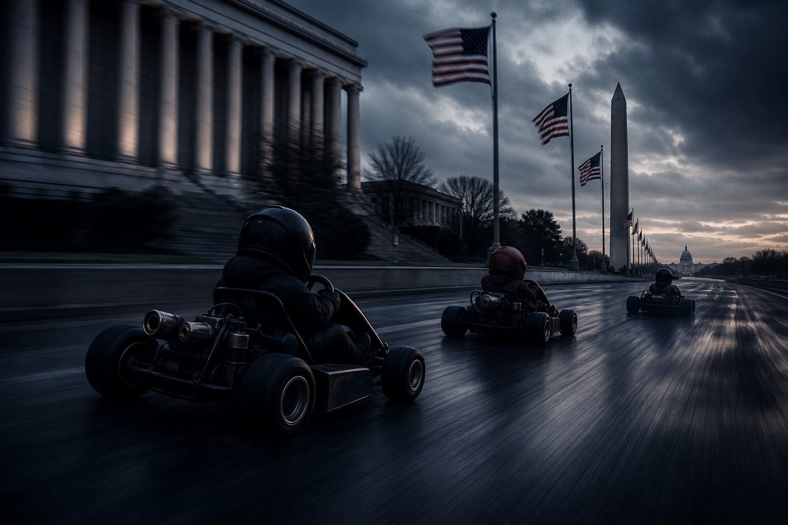 Morph1k editorial stand-in of anonymous go-karts racing past National Mall monuments at dusk