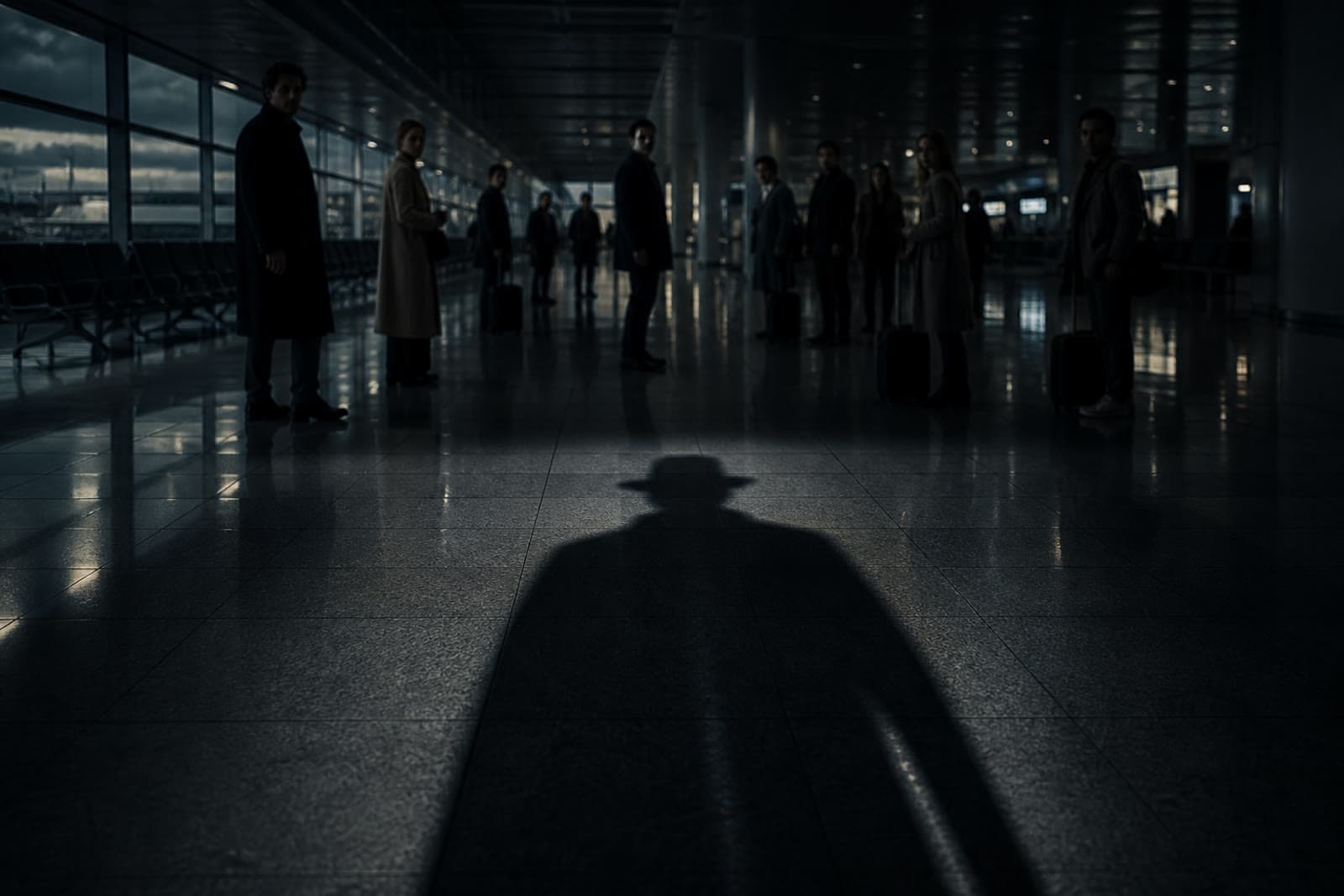 Morph1k editorial stand-in of a fedora-shaped shadow across an airport terminal floor