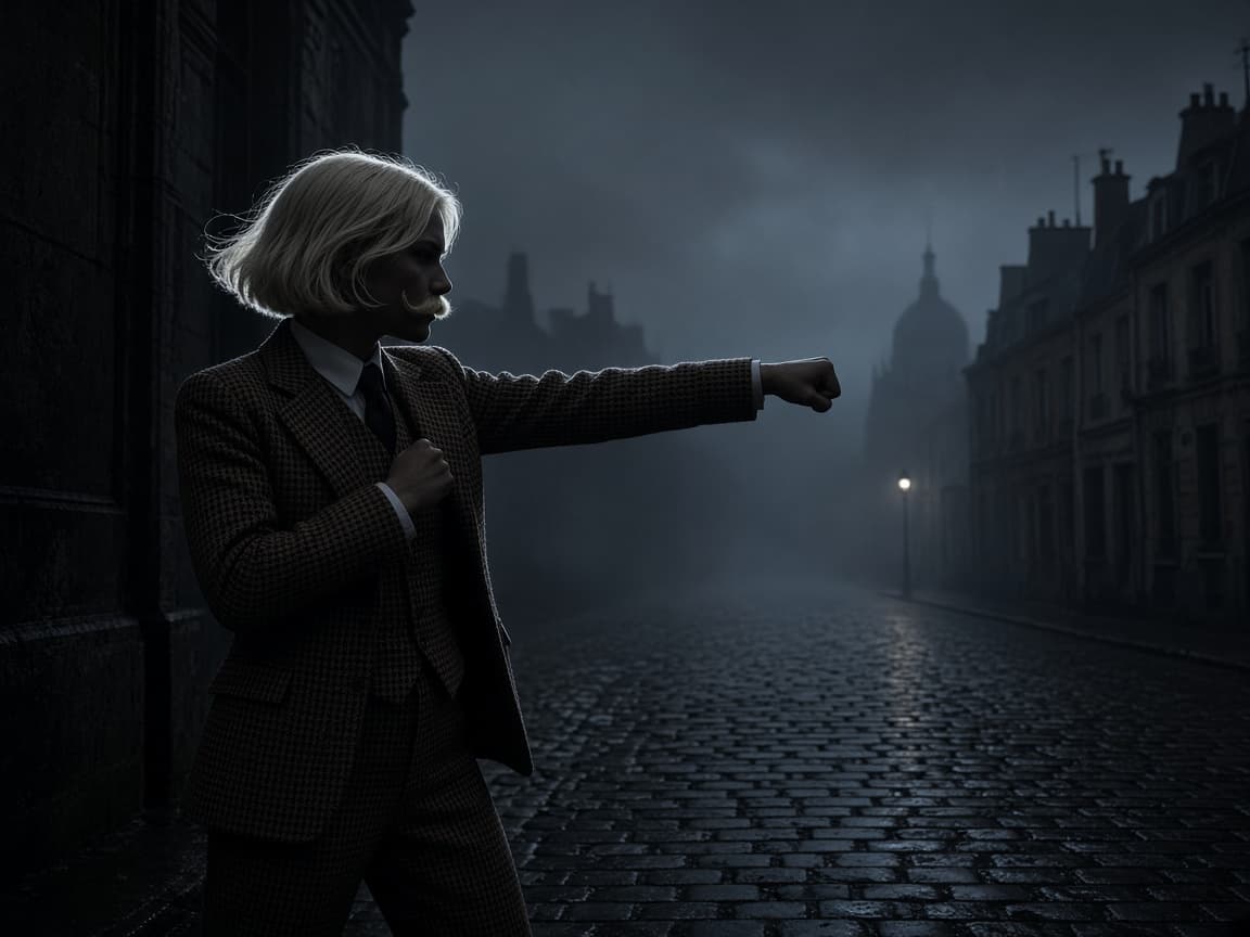 Morph1k editorial stand-in of a surreal French dandy shadowboxing on a foggy cobblestone street