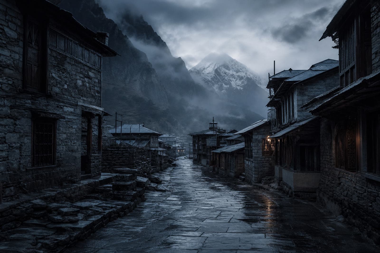 Morph1k editorial stand-in of a quiet wet Himalayan valley town at dusk