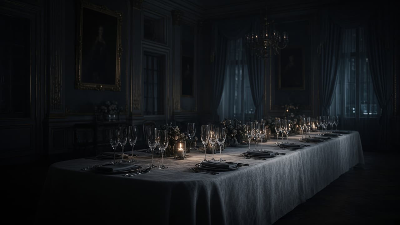Morph1k editorial stand-in of a candlelit empty formal dining hall with crystal glassware