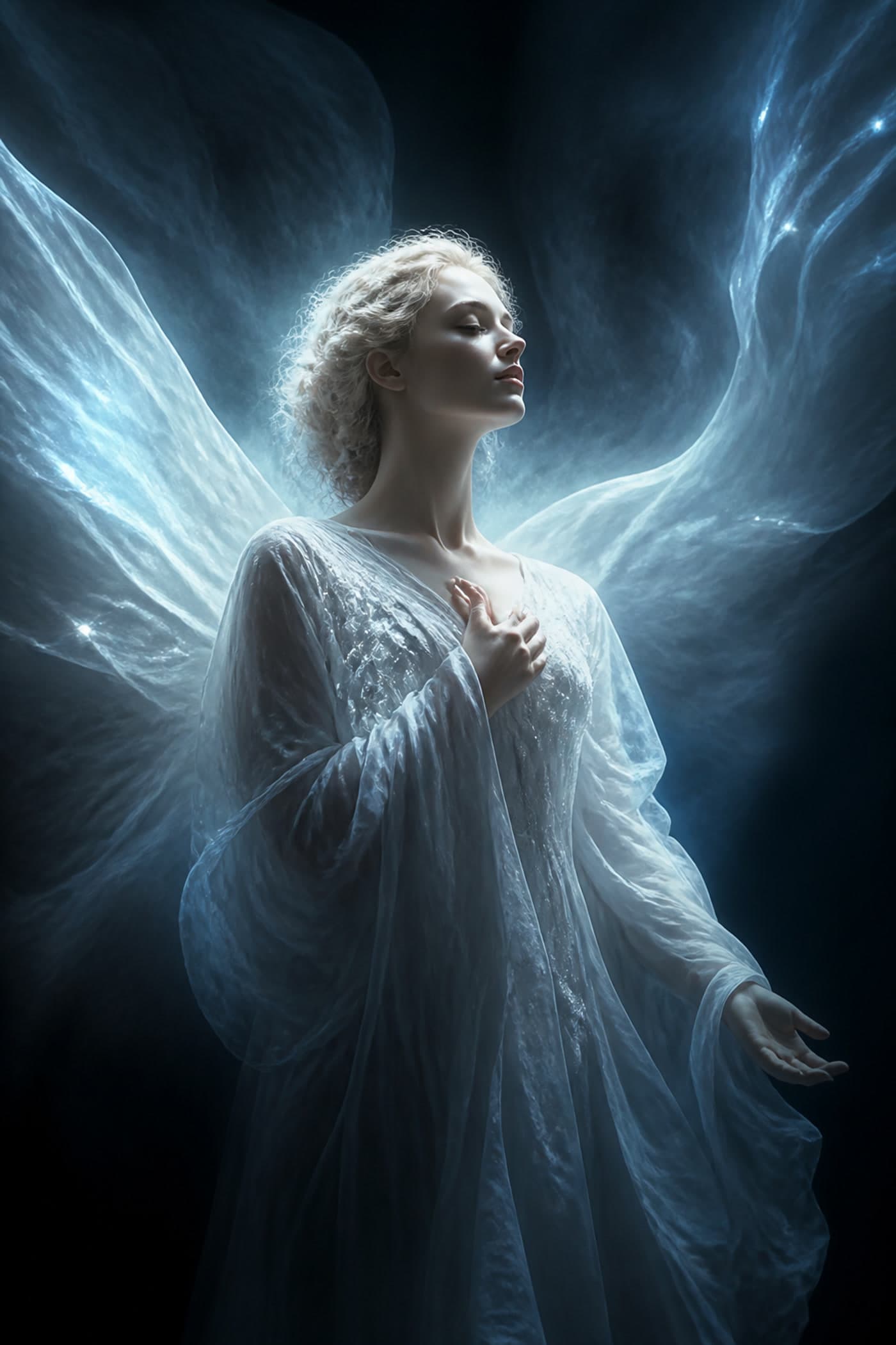 Morph1k editorial stand-in of a luminous celestial angel, nodding to the viral tap-and-hold AI art moment