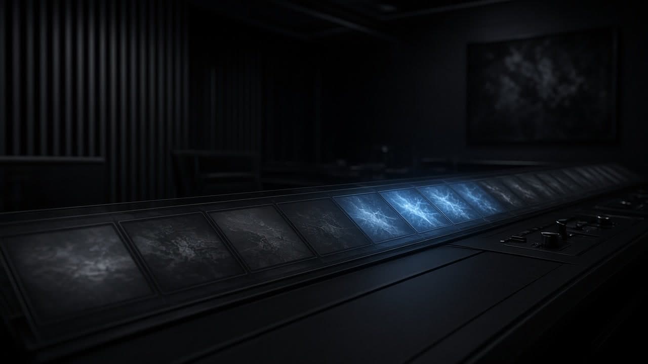 A dark edit console of recessed panels, three lit with cold-blue generative energy in the row