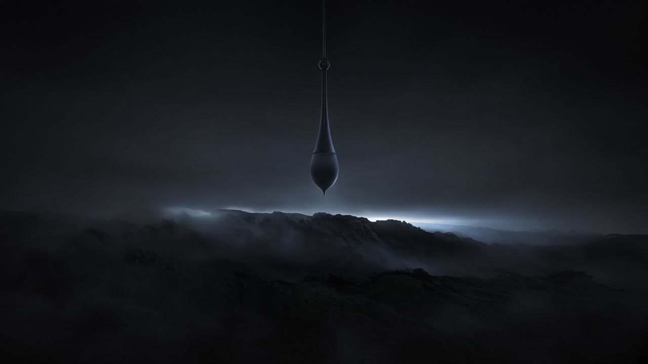 A cold-blue metronome pendulum hanging above a slow luminous frontier ridge in graphite dark