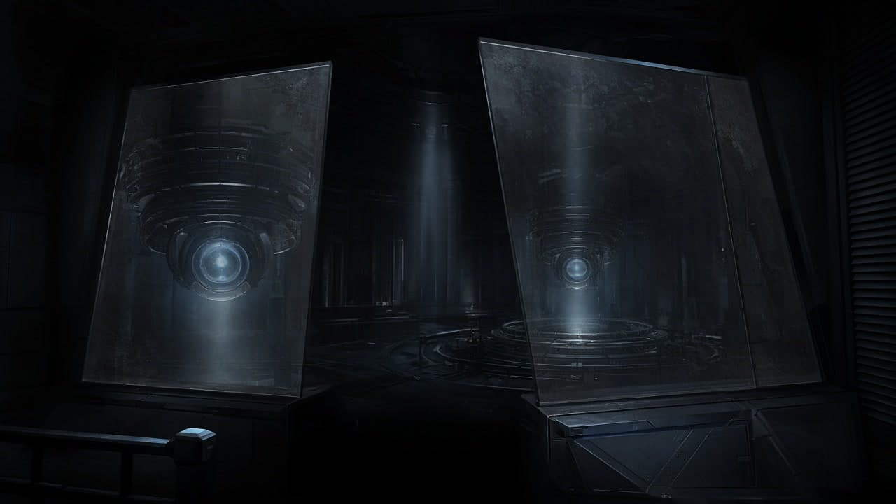 Twin glass observation panes looking into a glowing model core inside a shadowed facility