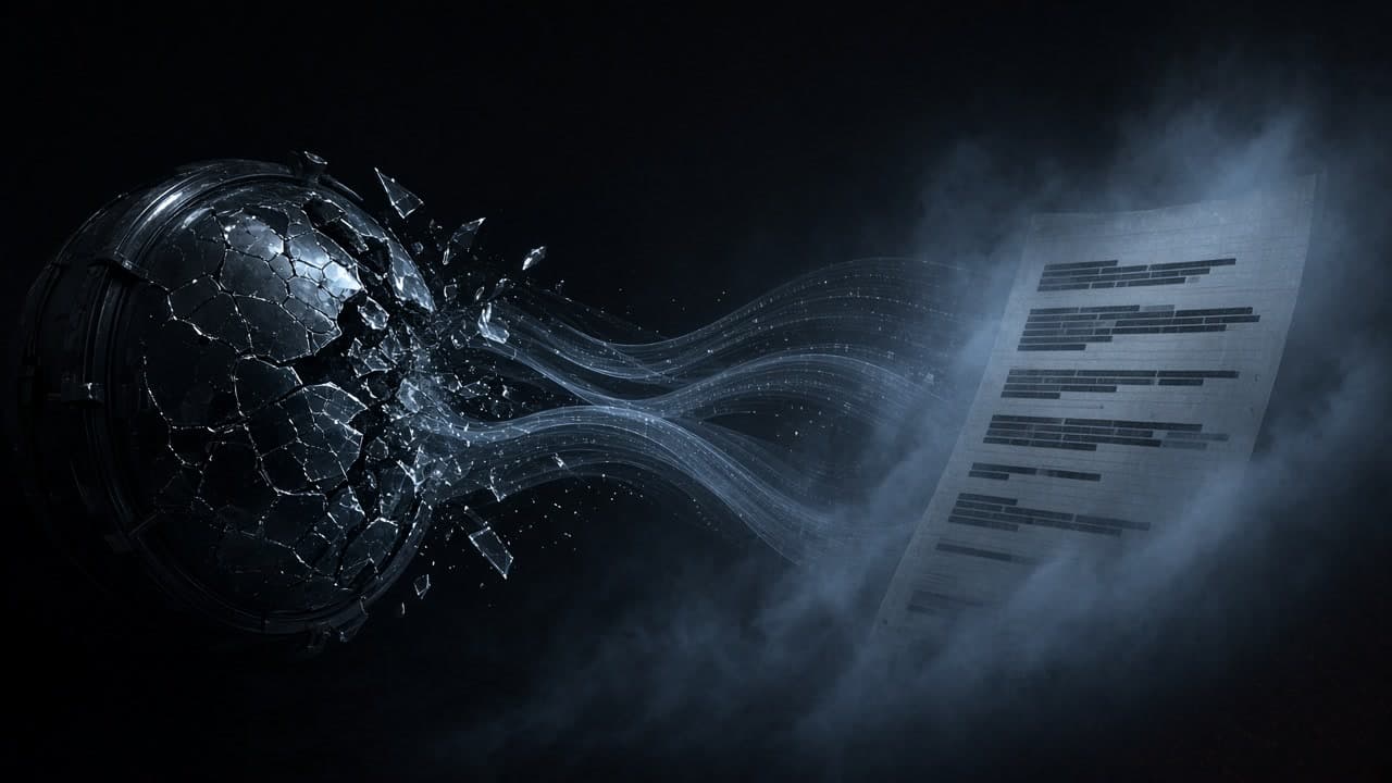 A fractured graphite vault dissolving into cold-blue data ribbons and a floating redacted transcript