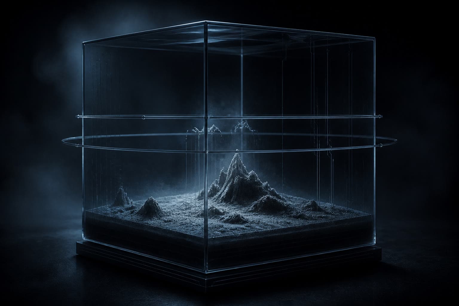 A sealed glass containment cube holding a cold topographic mesh inside graphite fog
