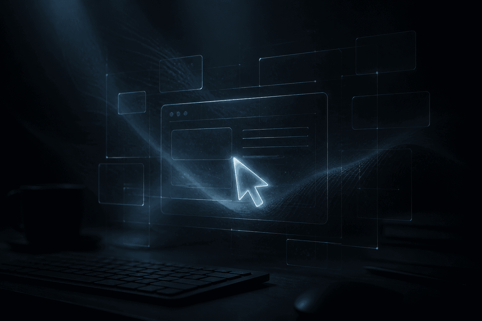 A translucent cold-steel cursor and soft UI frames floating above a dark desk, suggesting an agent operating software