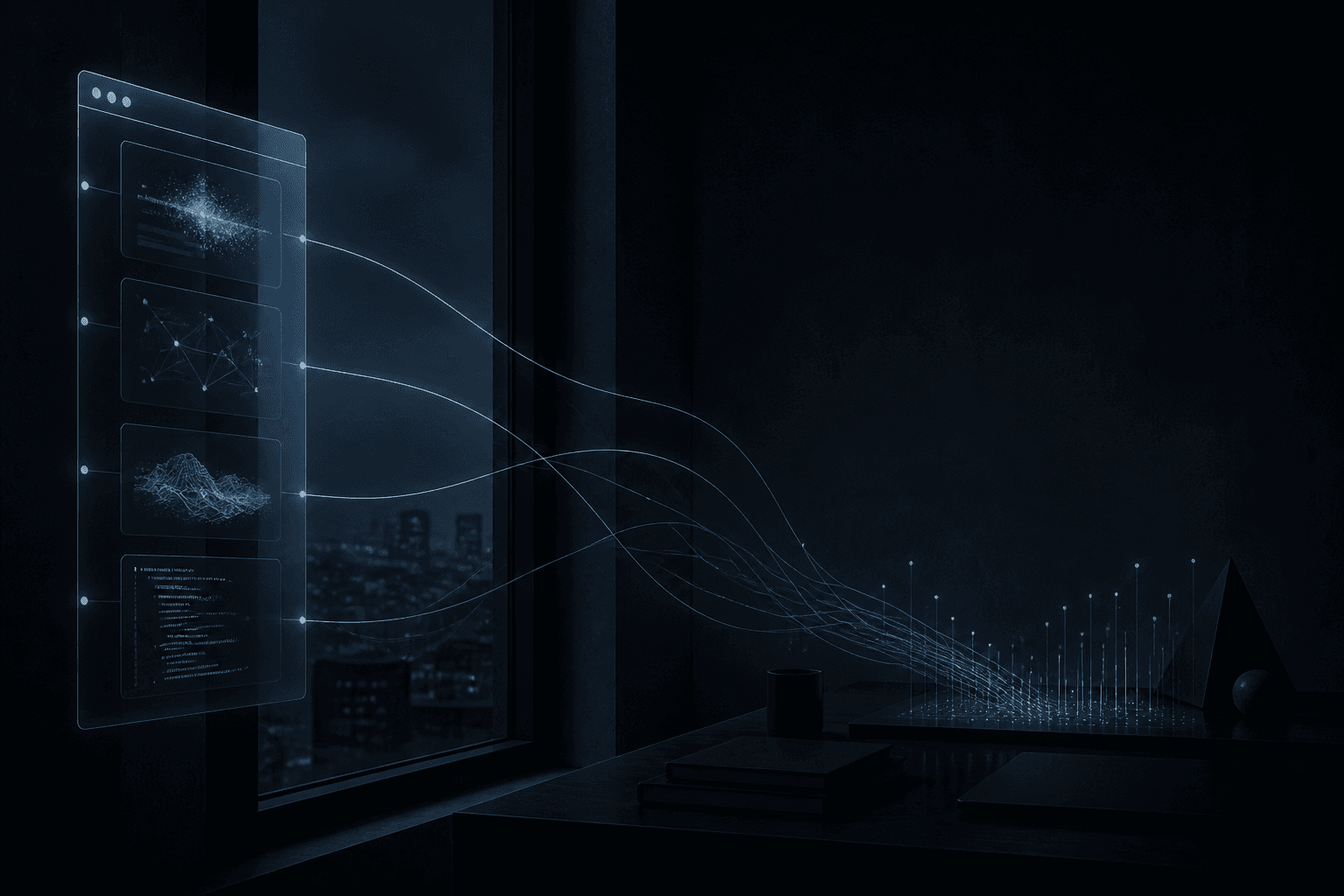 A translucent cold-steel browser side panel opening beside a dark window frame, luminous workflow threads linking tabs to a distant desk