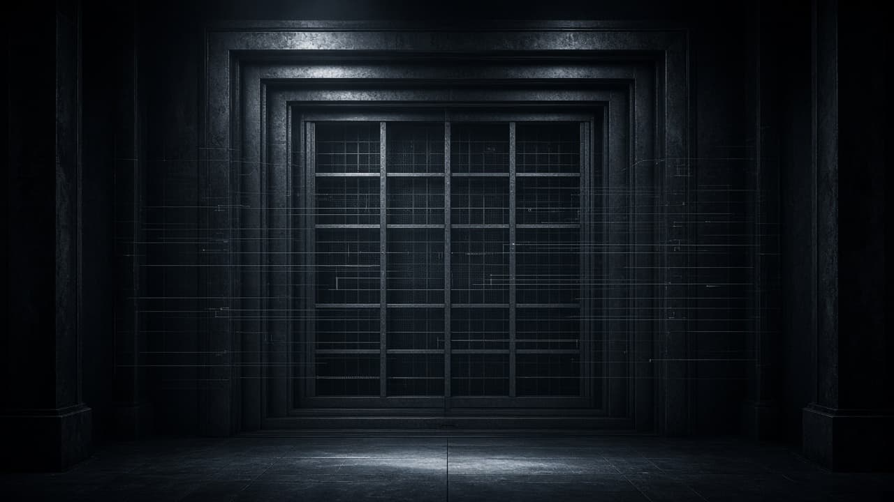 Layered cold-steel security gates and thin scan lines over a quiet graphite code lattice